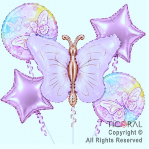 SET DE GLOBOS METALIZADO MARIPOSA TONOS LILA 5 UNIDADES